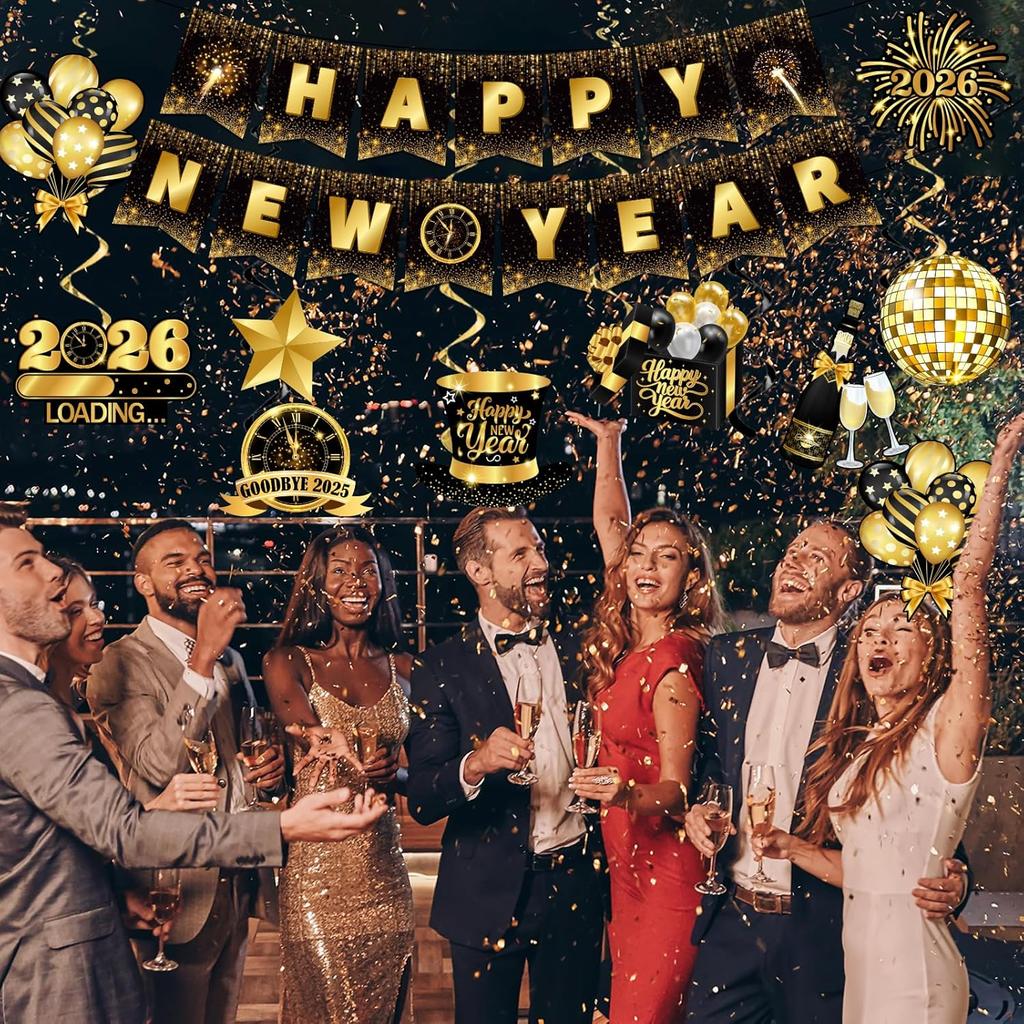 Happy New Year Decorations 2026, Black Gold Happy New Year Banner and New Years Hanging Swirls,New Years Eve Party Supplies Hanging Decoration for