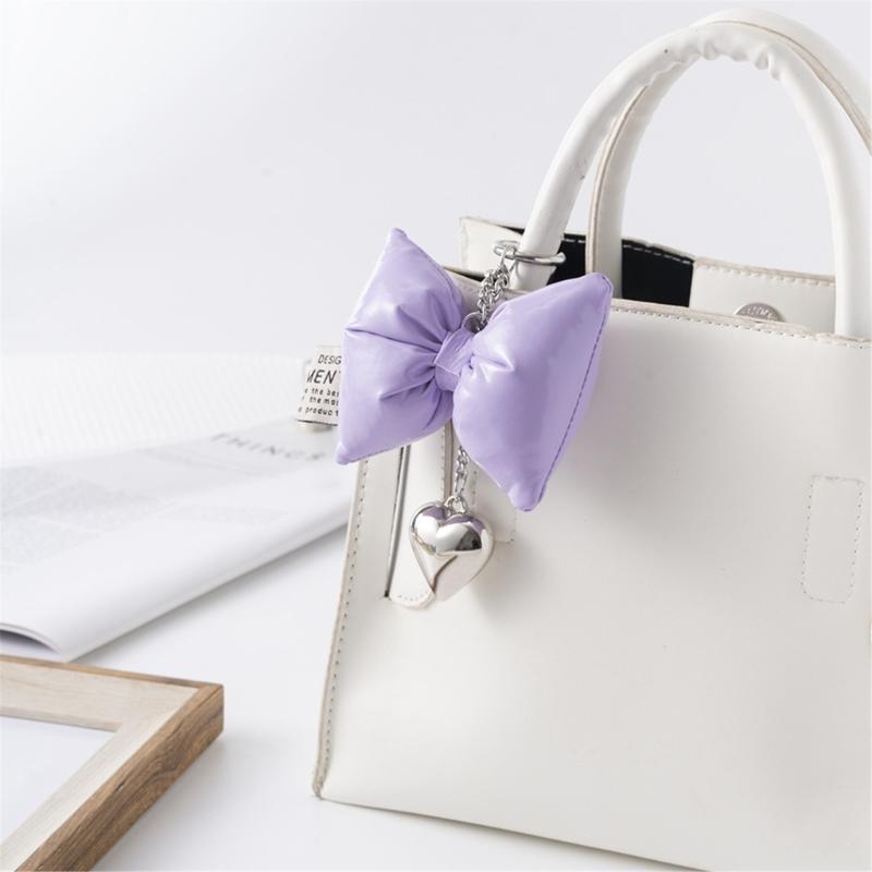 Sweet Lovely PU Leather Bowknot Heart Keychains Pendant Hangings Ornament Keyring Backpack Decoration for Women Girls