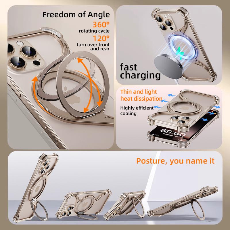 Husă magnetică pentru telefon din metal pentru Iphone 13 14 15 16 Pro Max Stand Capa de telefon în formă de W Suport din aliaj de aluminiu Carcasă de răcire fără cadru