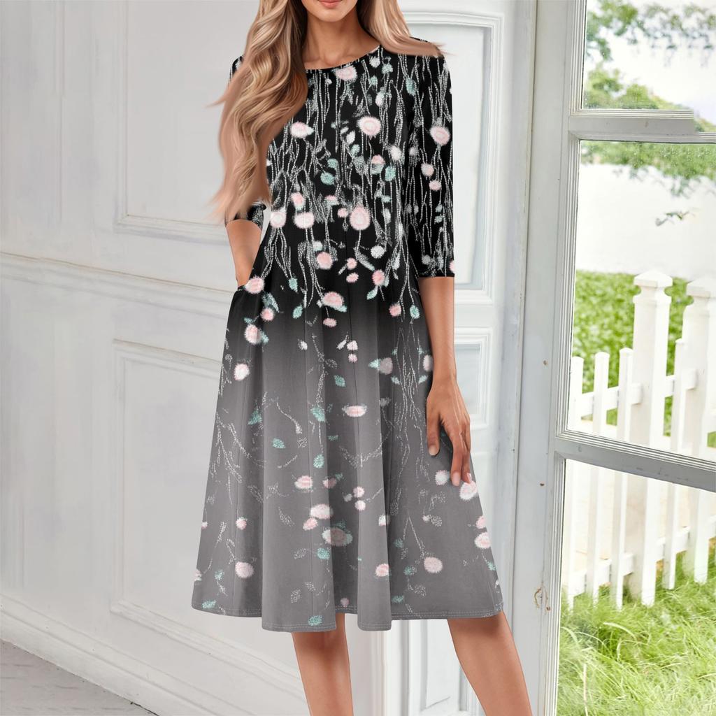 Women's Casual Fashion Round Neck Three Quarter Sleeve Print Midi Dress