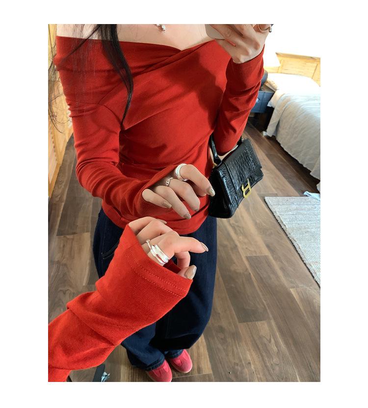 Korean Pure Desire Women's One-Shoulder Slimming Long-Sleeve Top - Autumn/Winter Fashion