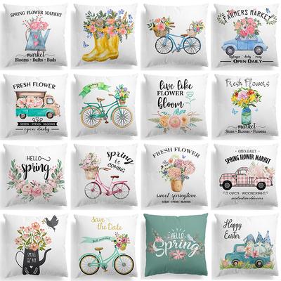 New Spring Flower Pillowcase Easter Bicycle Small Truck Peach Leather Velvet Printed Home Pillowcase
