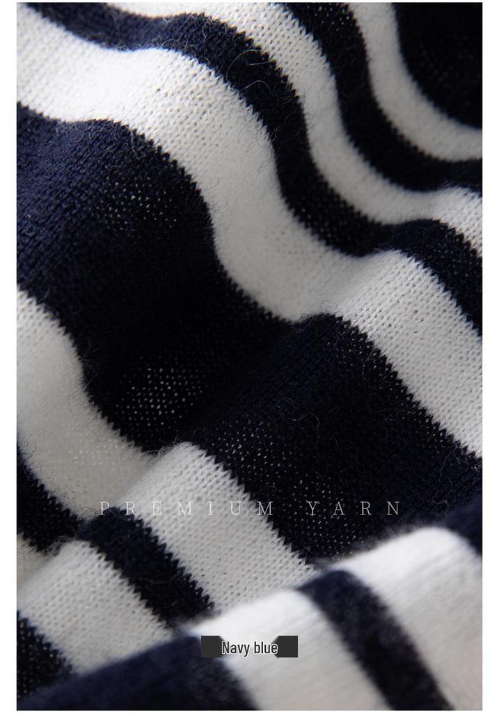 Women's 100% Wool Yangzi Knit Polo Collar Striped Retro Long Sleeve Sweater