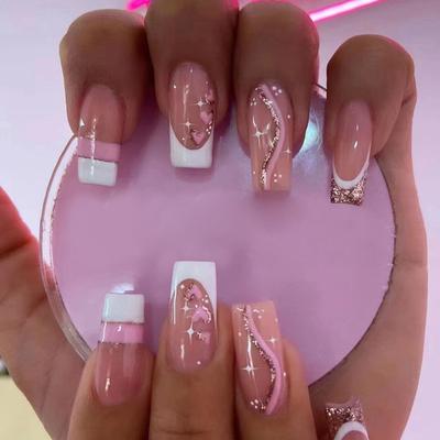 Manicura de estrella de amor con polvo dorado, manicura francesa, manicura europea y americana para San Valentín, 24 piezas