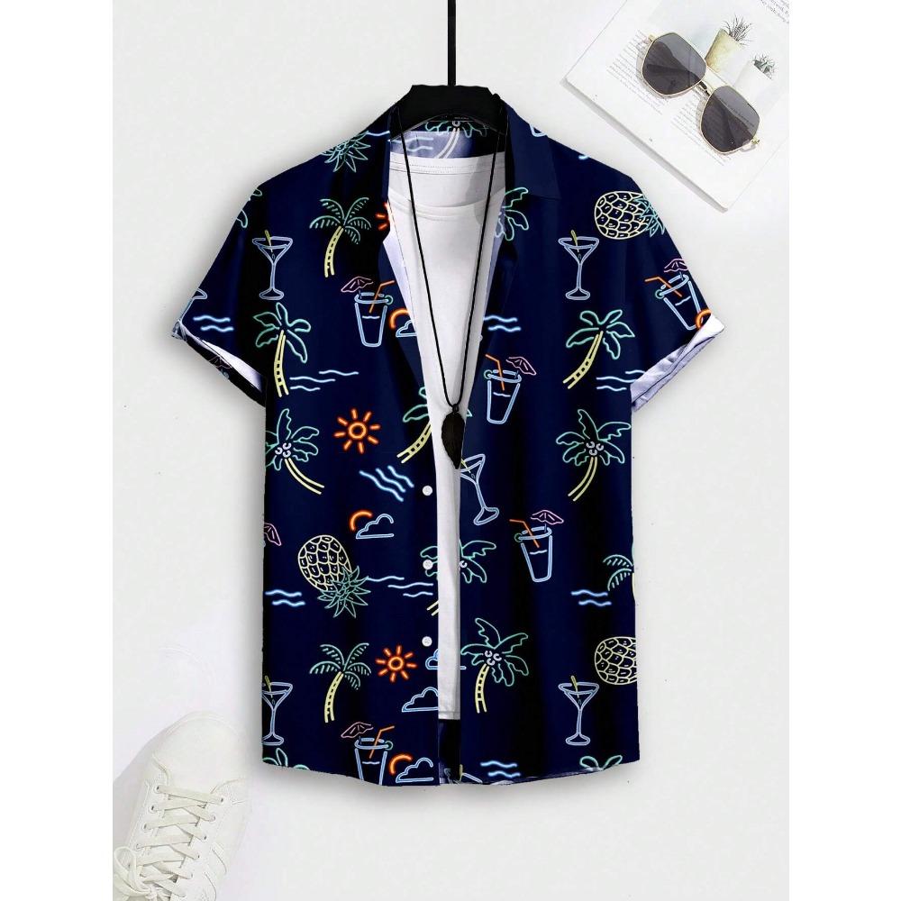 Hawaiian Style Fresh Coconut Print Men's Short-sleeved Fashion Shirt Men's Summer Outdoor Vacation Fashion Short-sleeved Shirt