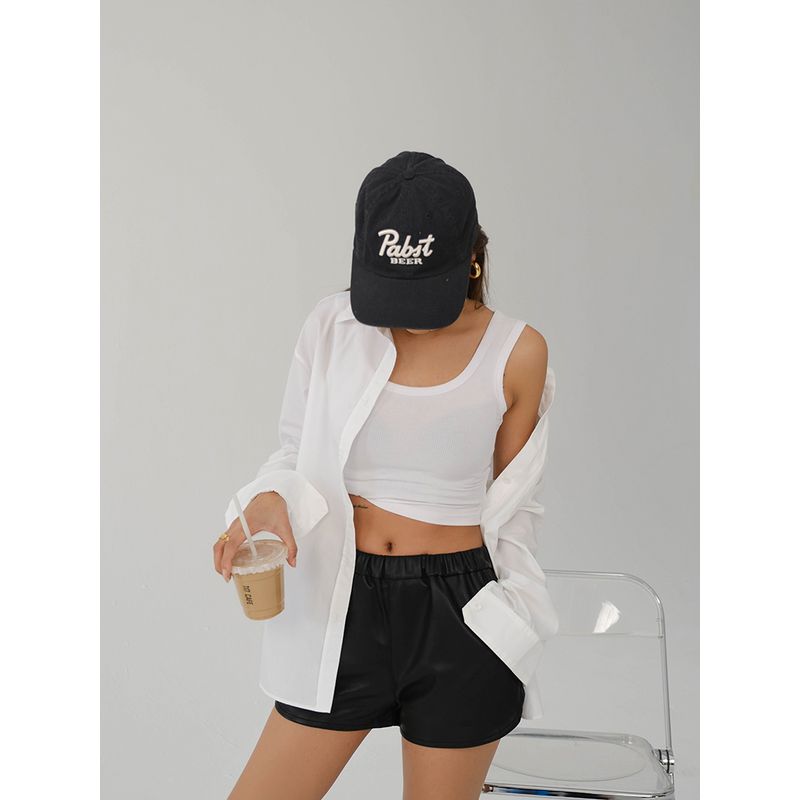Black Elastic Waist Autumn and Winter Slimming Soft Leather Shorts