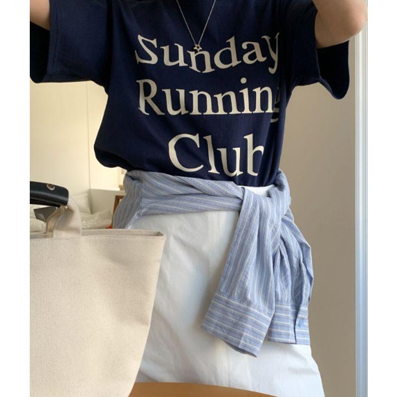 Sunday Running Club American Vintage Sports Style Navy Blue Letters Print Cotton Short Sleeve T-shirt Women
