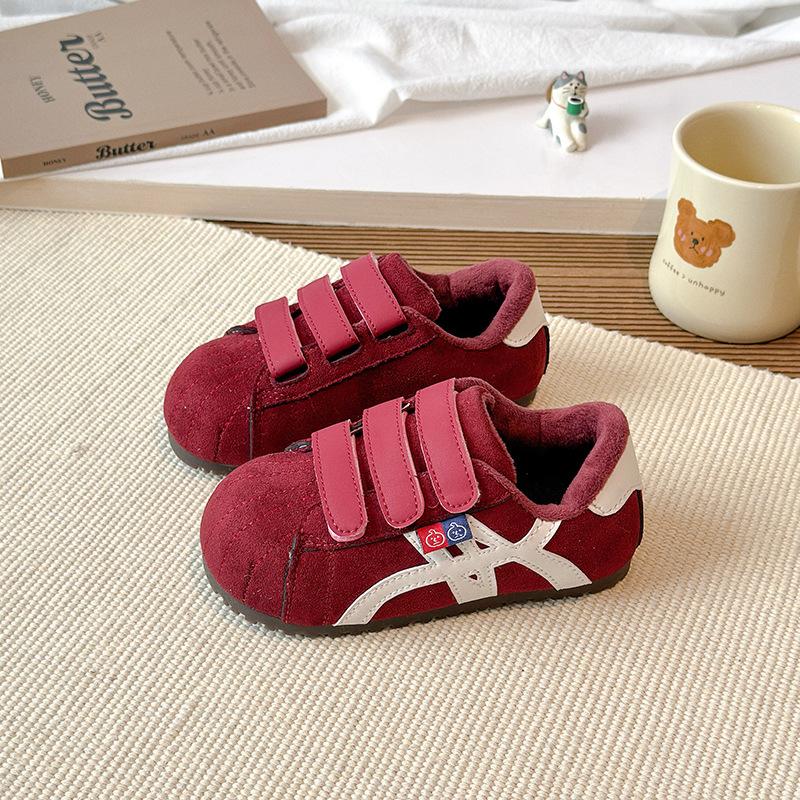 Children's cotton shoes for older kids, new autumn and winter models, girls' plush-lined non-slip leather panel shoes, boys' casual warm shoes