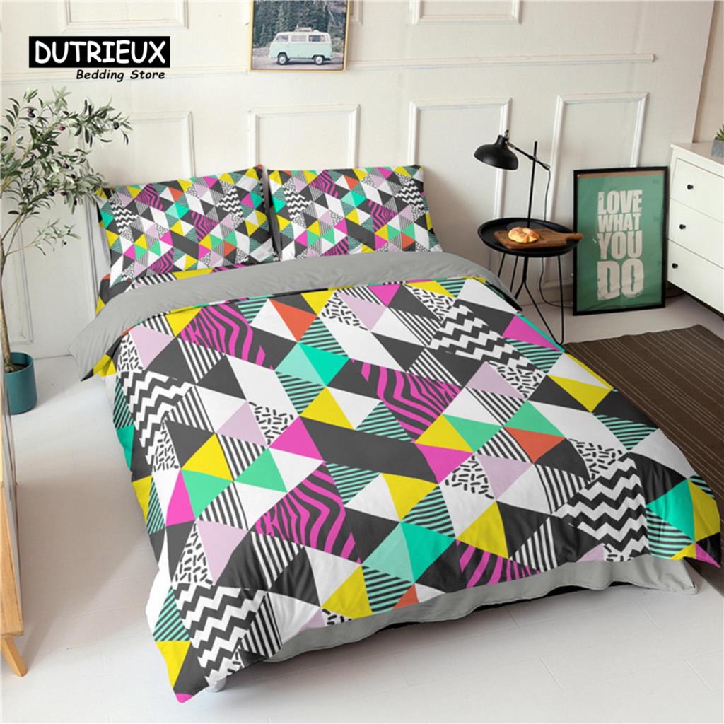Geometric Bedding Set Microfiber Abstract Triangle Marble Pattern Print Duvet Cover With Pillowcases Teens Adults Bedroom Decor