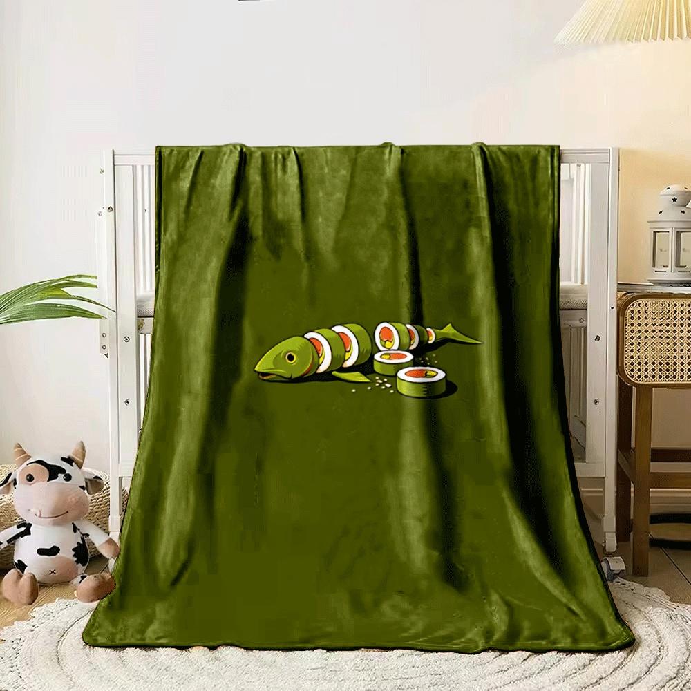 Sliced fish resembling sushi rolls on a minimal green background. for all seasons blanket lunch break throw gift 80cm x 120cm
