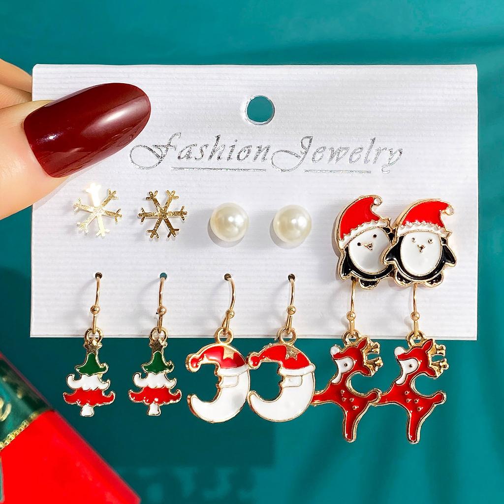 6 Pairs Christmas Set  Cartoon Dripping Oil Elk Santa Claus Christmas Tree Earrings for Women