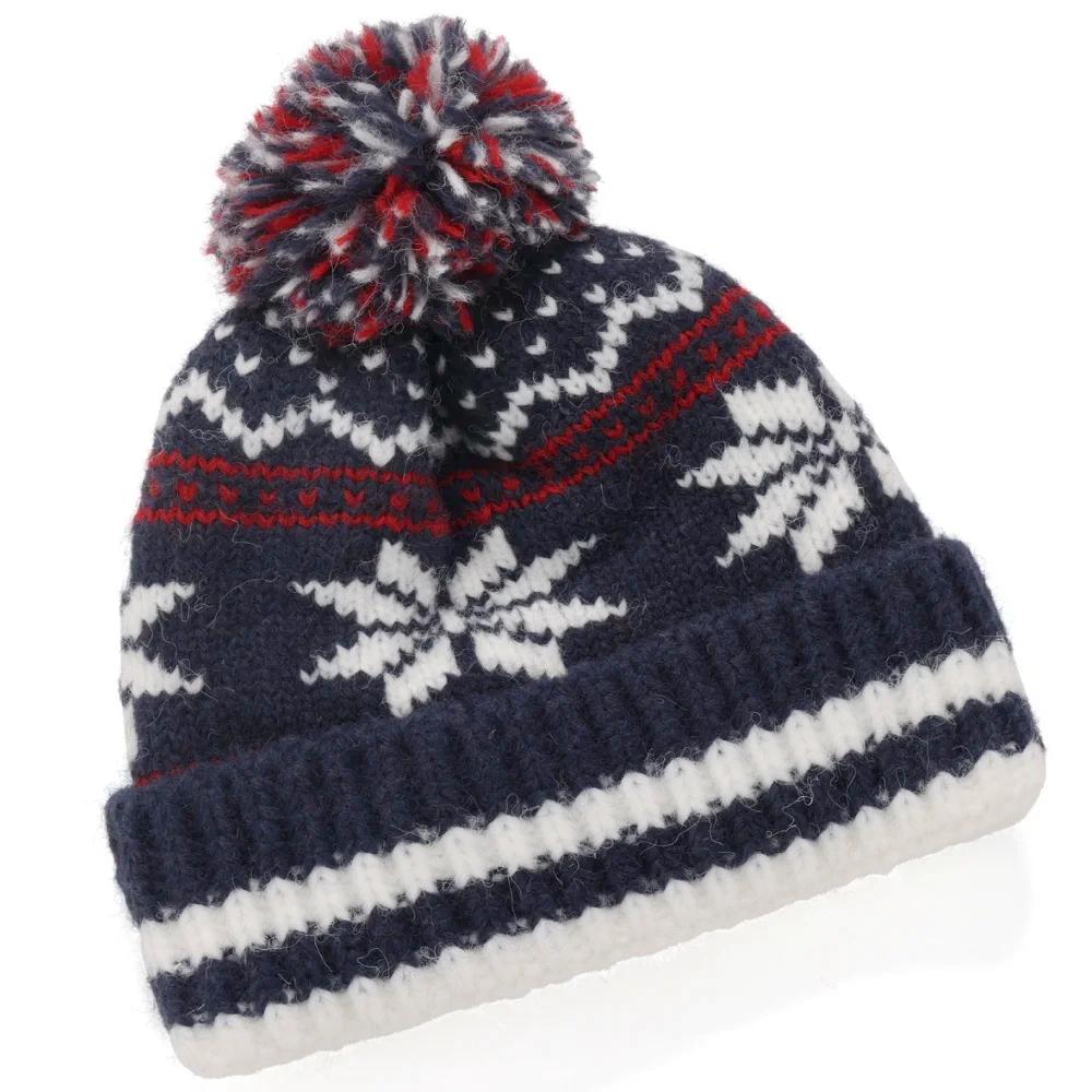 Neuer Stil Klassische Schneeflocken-Jacquard Wintermützen Winter Warm Pompoms Beanie Für Damen Einfarbig Winter Strickmütze