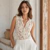 Button Front Lace Embroidery Tops V-neck Lace Tank Top Loose Fit Floral Mesh Shirt  Summer Season