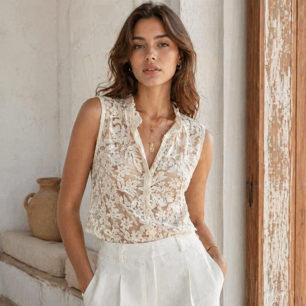 Button Front Lace Embroidery Tops V-neck Lace Tank Top Loose Fit Floral Mesh Shirt  Summer Season