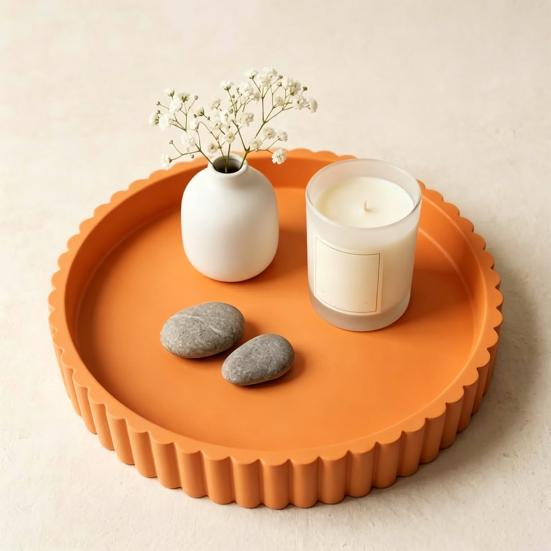 Round Decorative Tray for Coffee, Dining Table, Countertop, 3D Printed Scalloped Edge Serving Tray for Farmhouse, Kitchen, Home, Living Room