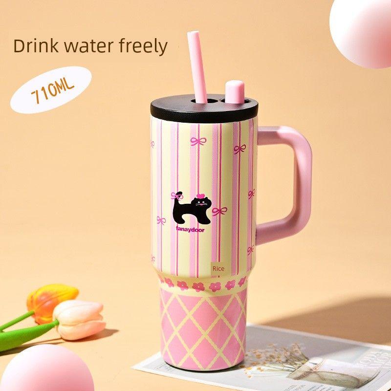 Large Capacity Thermos Cup for Women, Stylish Ice Cup, Cute Cartoon Portable Car Cup with Handle, Giant Straw Water Cup
