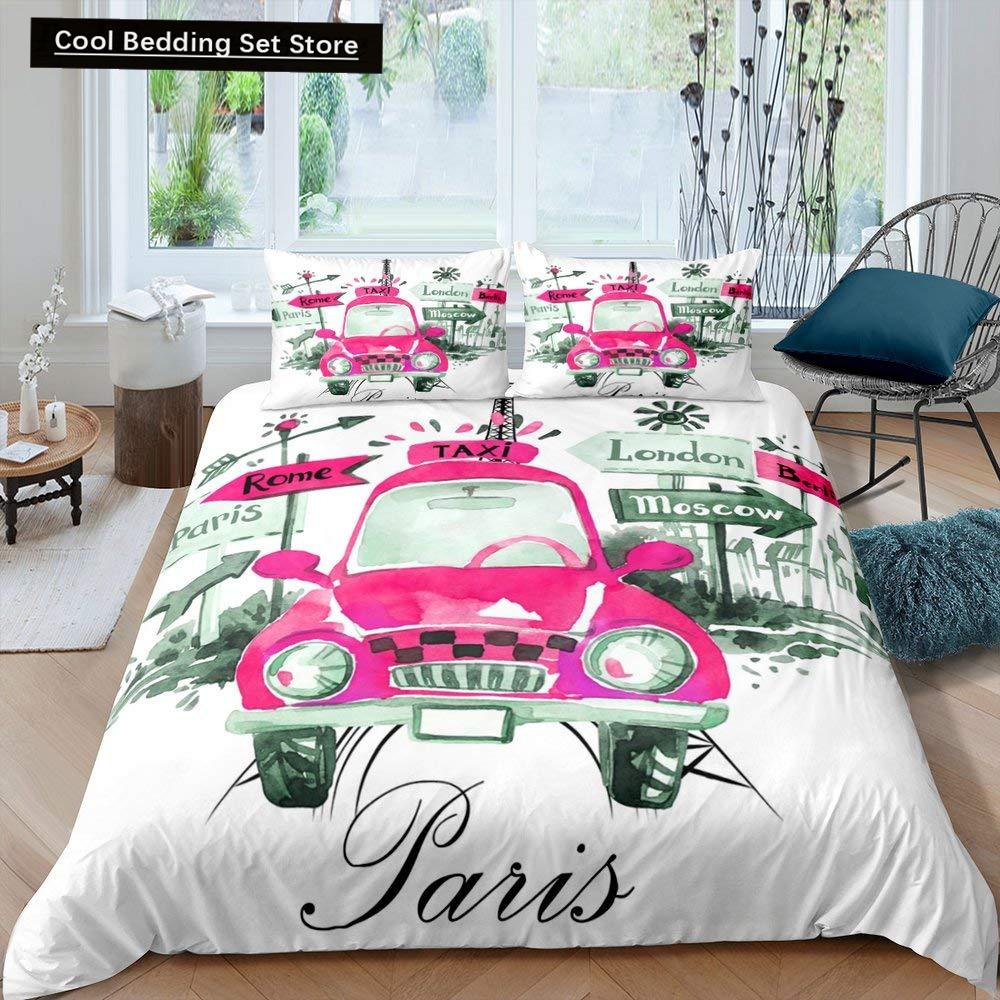 Gelbes Taxi Auto King Queen Bettbezug Jungen Cartoon Transport Bettwäscheset Rosa Stadtlandschaft Steppdeckenbezug Polyester Bettdeckenbezug