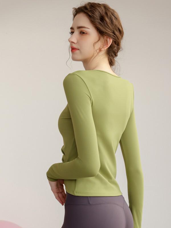 European & American Ruched Waist Long Sleeve Yoga Top - High Stretch Slim Fit