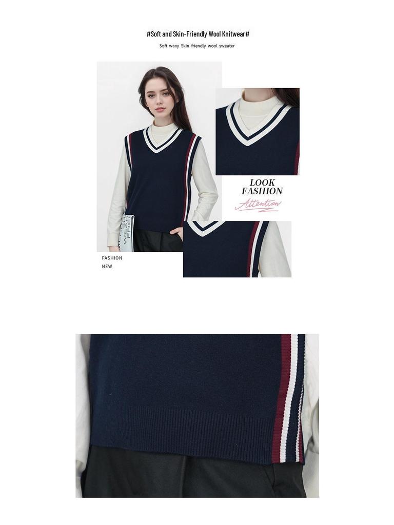 Knitted V-neck Color-Block Vest - Spring & Autumn School Uniform Style Sweater