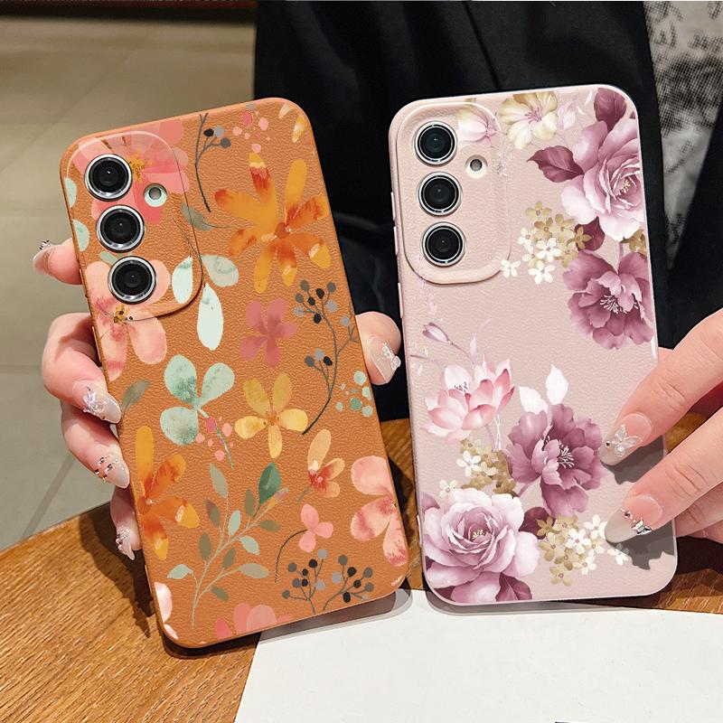 Luxury Flowers Print Case For Samsung S26 Ultra A57 A37 A17 A18 S25 S24 S23 S22 Ultra S21 FE A15 A35 A55 A16 A36 A56 5G Leather Texture Soft Cover