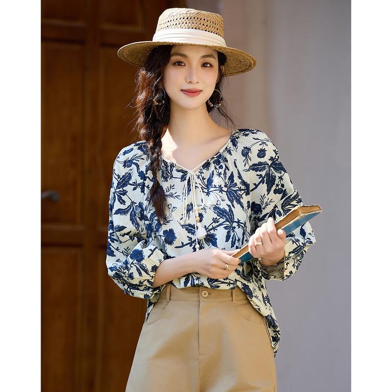 Demana Floral Print Tie-Neck 3/4 Sleeve Cotton Blouse