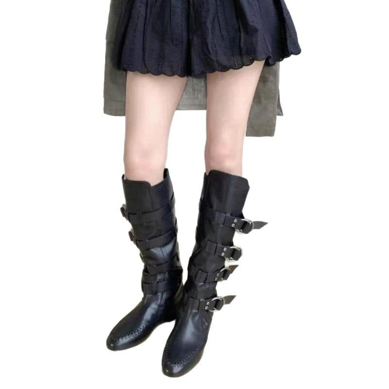 Cowhide version~ Inner heightening belt buckle boots women's new fashion catwalk knight boots versatile Spice Girl fashion boots
