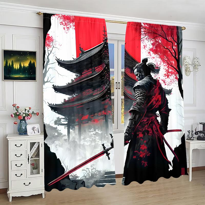 2 Curtains In Samurai Print - Polyester - Suitable for Bedroom, Living Room, Study, Private Space + Magnetic Binding