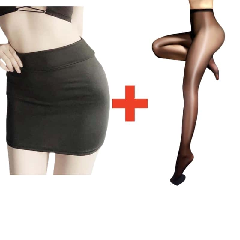 2PCS/SET Women High Waist Pencil Mini Skirts+Stockings Dress Set,Sexy Casual Wrap Hips Black Short Skirt and Pantyhose