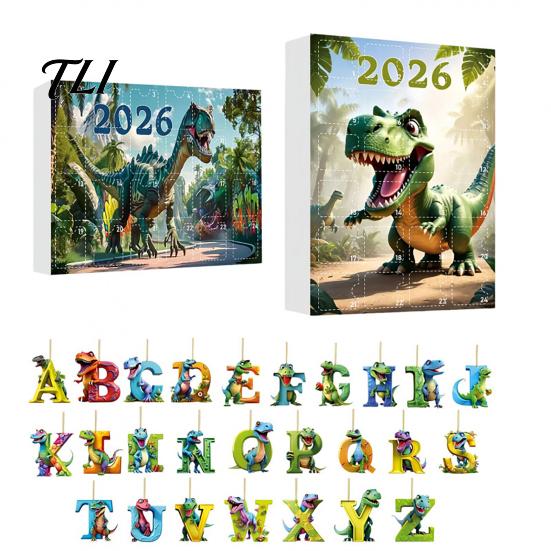 Einzigartiges Dinosaurier-Geschenk für Jungen Mädchen 26 Buchstaben Cartoon Adventskalender, 2D Acryl Dino Figuren Kalender Weihnachtsdekorationen, 24 Tage Countdown