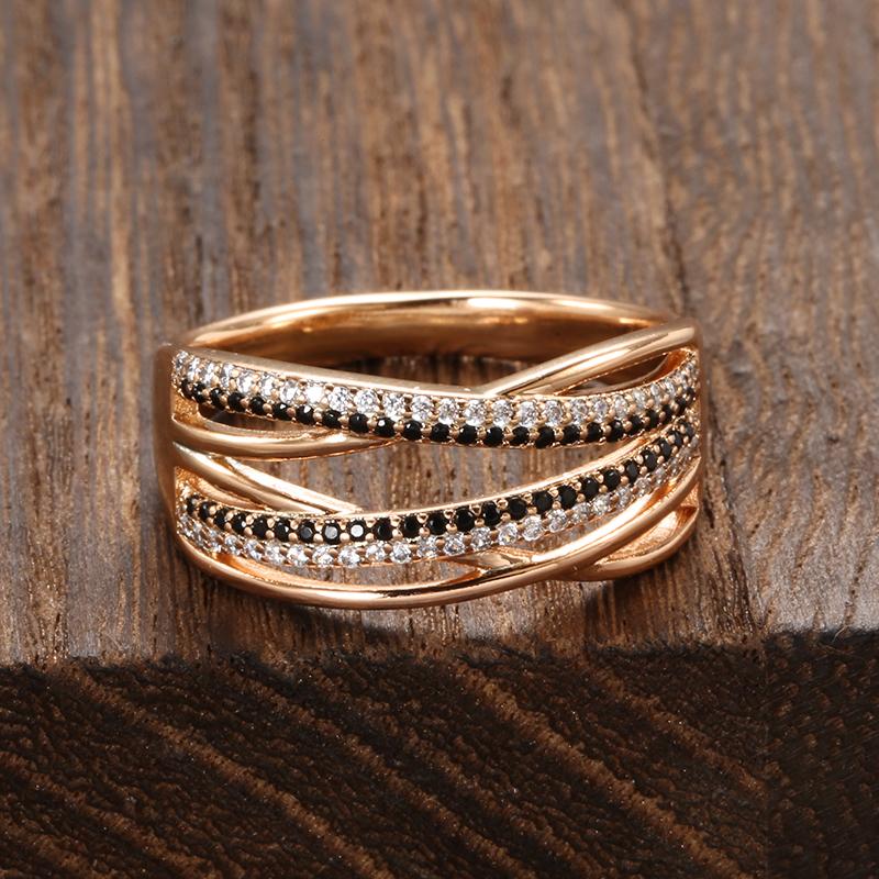 New  Rose Gold With Black Natural Zircon Ring Fashion Geometric Line Cross Rings For Women Vintage Wedding Jewelry