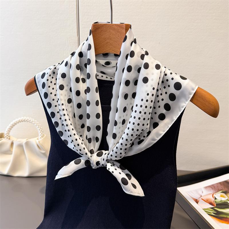 Retro French Polka Dot Spring/ Lightweight Faux Silk Printed Small Scarf Shawl Neckerchief with a High-end Feel for Women