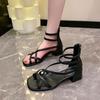 Medium heel sandals women's 2025 summer wear Korean version of thick heel open toe hollow Roman shoes ins super fire high-top cool boots women