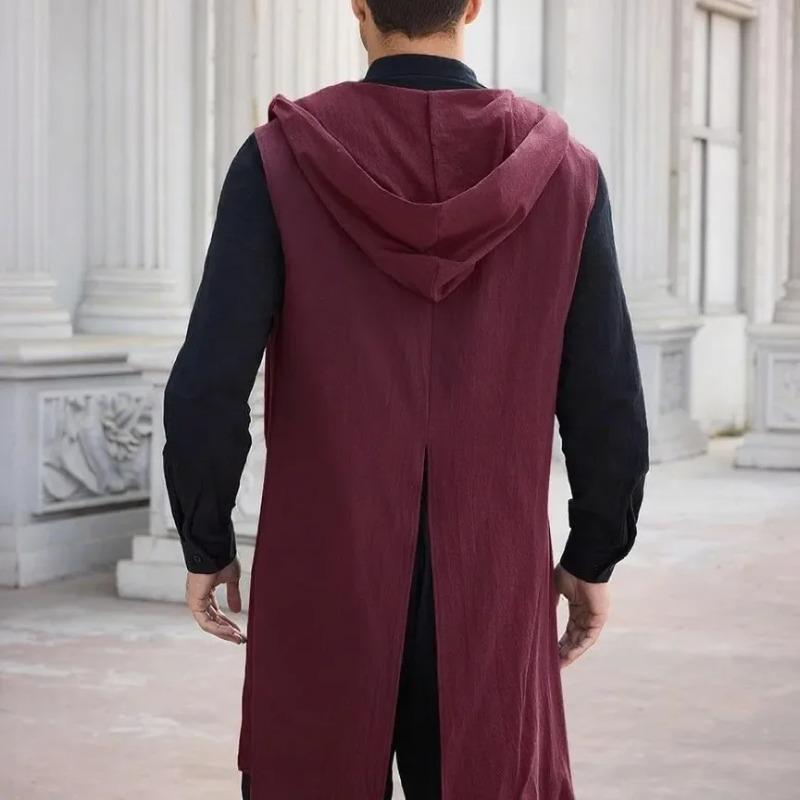 Men's Renaissance Ranger Costume Hooded Surcoat Medieval Knight Sleeveless Viking Holloween Cloak