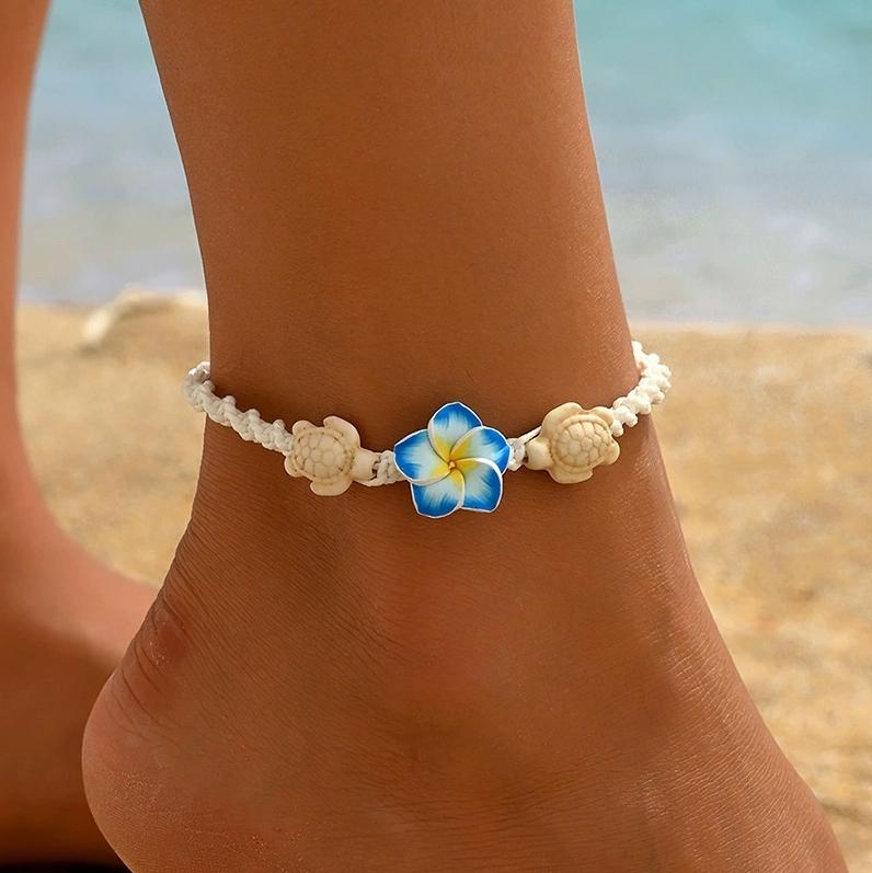 Boho Colorful Flower Soft Ceramic Ankle Chain for Women Handmade Weave Rope Adjustable Ankle Bracelets Zircon Accessories Gifts