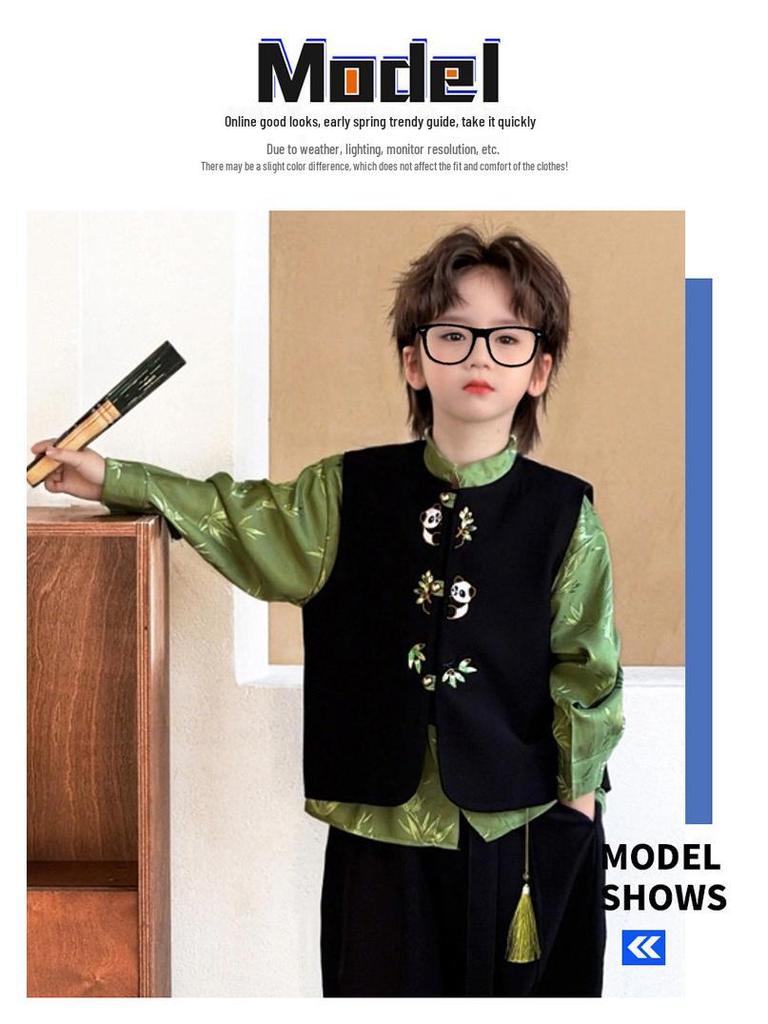 Traje Chinês Tang para Meninos Outono 2025: Conjunto de Camisa e Calça Bordada de Panda Estilo Antigo