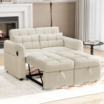 Sofa Bed with Storage Box 2-seater 3-in-1 Sofa Bed Foldable Adjustable Backrest USB Ports Armrest Pockets Beige 142x85x83 Cm