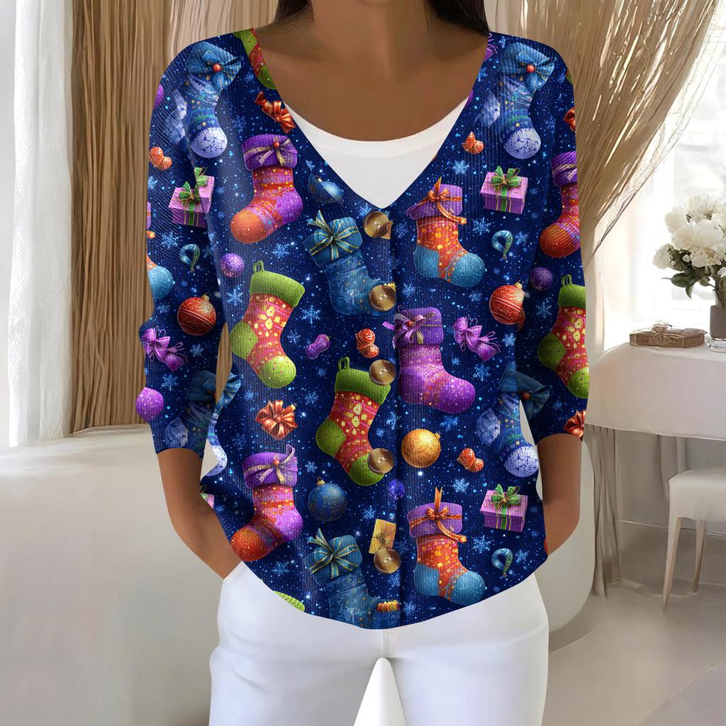 Women's Fashion Long Sleeve Christmas Snowman Snowflake Print Jacket Cardigan