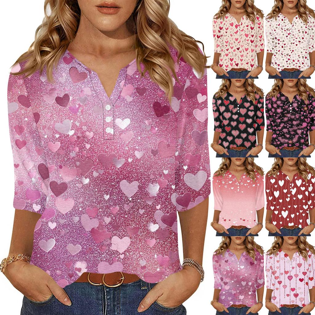 Camiseta feminina estampada com botões, manga 3/4, moda diária, de fim de semana, básica, decote em V, top regular