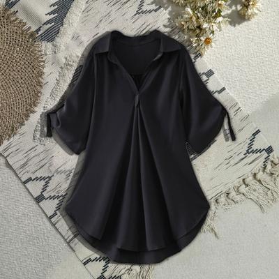 Women Shirt Lapel Half Sleeve Mid-length Casual Tops Solid Color Waist Tight Loose Fit Chiffon Blouse Daily Wear