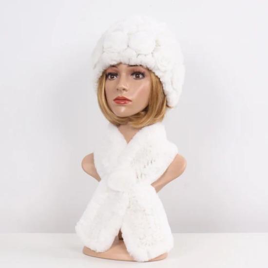Hot Sale Lady Natural Fur Hats Scarves Sets Women Winter Knit Real Rex Rabbit Fur Hats Muffle 2 Pieces Real Fur Hat Scarf
