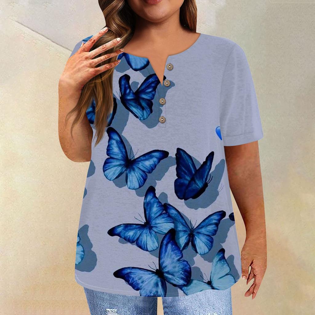 Dámské tričko s krátkým rukávem s knoflíkem a tričkem větší velikosti s květinovým potiskem