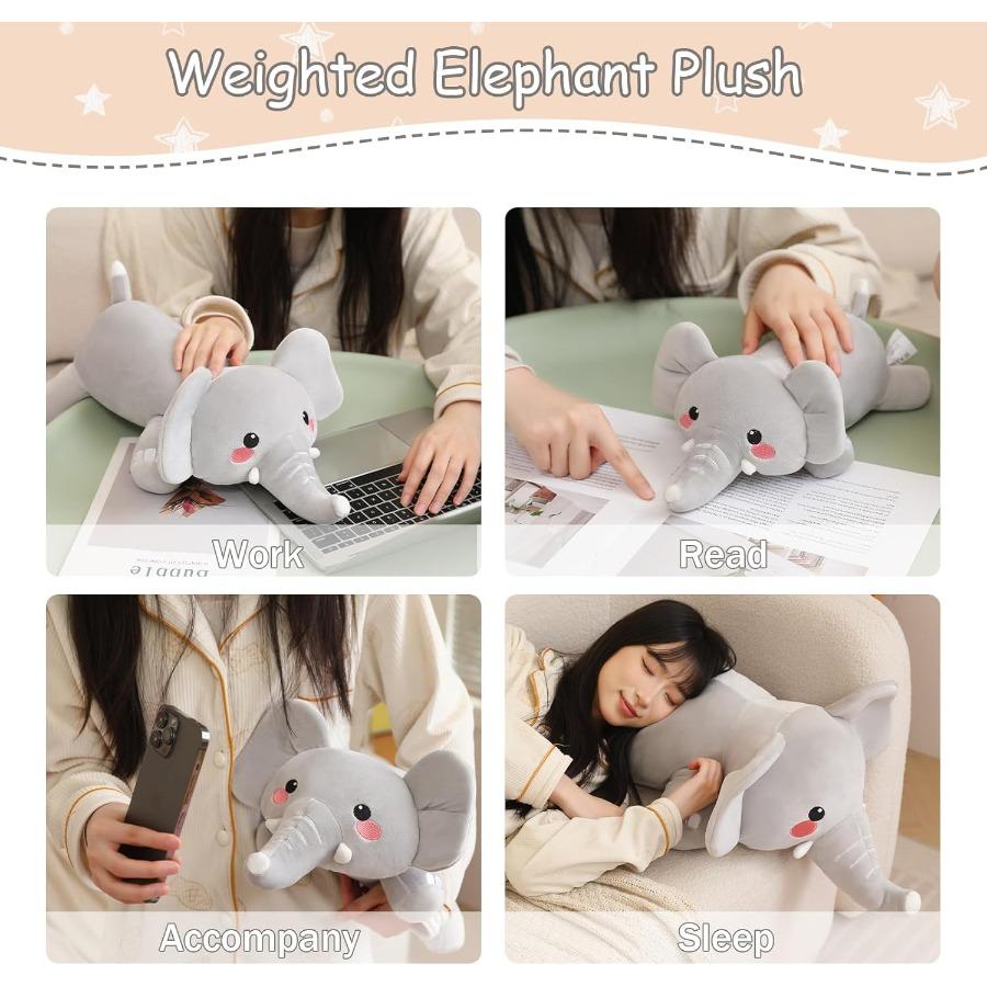 Weighted Elephant Plush Stuffed Animal 13.8 Inch Gentle Pillow Toy Designed for Adults 1.6 Lbs Adorable Grey Plushie Present Calming Stress Relie