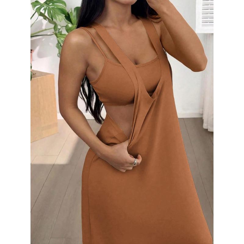 QICED Abiti casual con colletto quadrato senza maniche con stampa tinta unita primavera estate moda donna