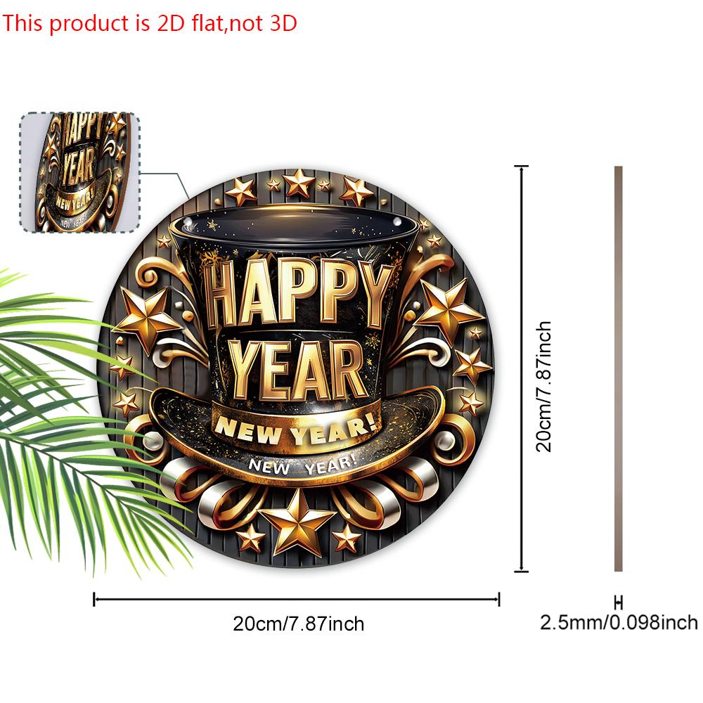 Happy New Year Wooden Sign with Top Hat Pattern - Celebrating The New Year Round Sign for Front Door, Wall Hanging Decor - Ideal Festival Decoration