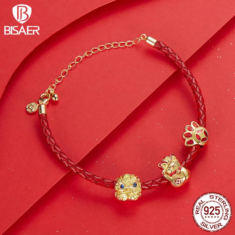 BISAER 925 Silver Lucky Koi Cat Pawprint Charm Bead Weaved Bag Pendant Plated Gold Fit Women DIY Bracelet Fine Jewelry
