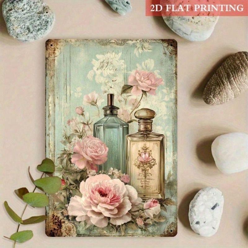Vintage Metal Wall Sign 20x30cm Rose Perfume Bottle Decor