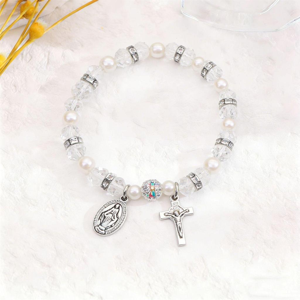 Retro Virgin Mary Pendant Pearl Bracelet with Oval Charm and Flower Design for Women