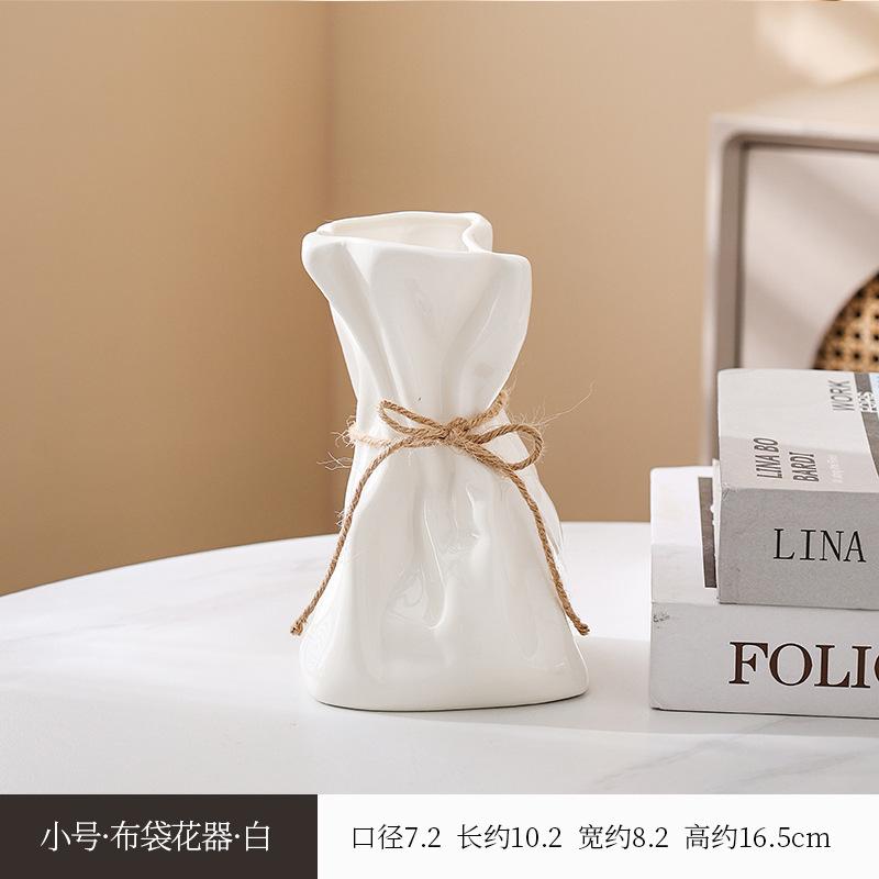 Creative Ceramic Hydroponic Wrinkled Money Bag Vase for Fake Flower Arrangement Living Room Decor
