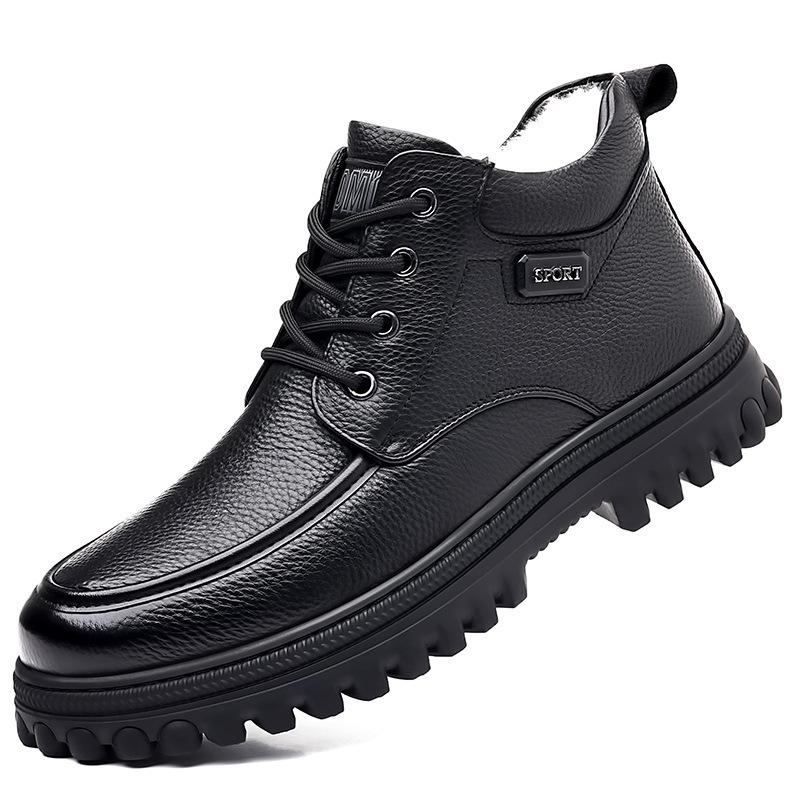 Men's Retro High-Top Leather Boots: Autumn/Winter Cowhide, Plus Velvet, Warm, Thick-Soled, Casual/Work Style.