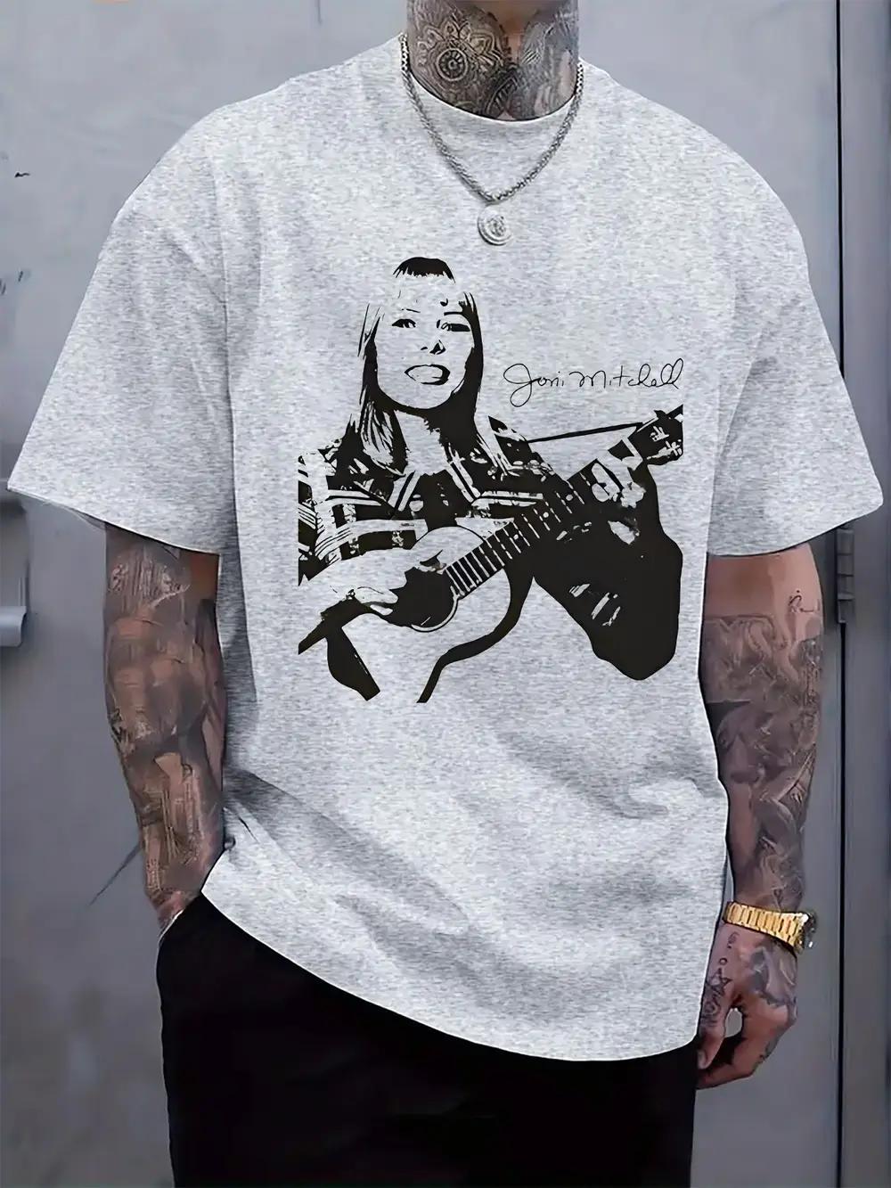 Casual Crew Neck T-shirt with Joni Mitchell Guitar Print M